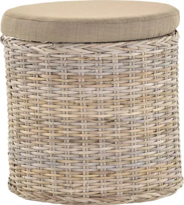 Produktbild von KRINES HOME Rattan Wäschekorb Wäschetruhe Sitz gepolstert Flur-Bank Aufbewahrungsbox mit Deckel Bad-Hocker Sitzhocker Wäschesammler Sitz-Truhe Natur (Grau Natur, Rund)