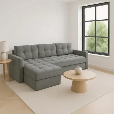 Produktbild von GUTTO GUTTO Ecksofa mit Schlaffunktion Hellgrau IVIO I aus Velour stoff in modischen Farben.Moderne Steppung.HIT 2025!!