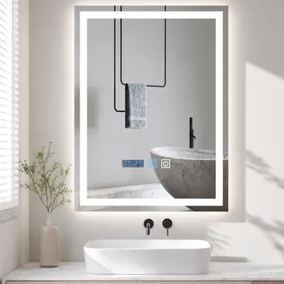 Obrázek produktu pro ZMH LED zrcadlová lampa Stmívatelná s osvětlením Zrcadlo 50x70cm Nástěnné zrcadlo Dotykový spínač Hodiny Funkce odmlžování Osvětlené zrcadlo 3000K-6500K pro koupelny