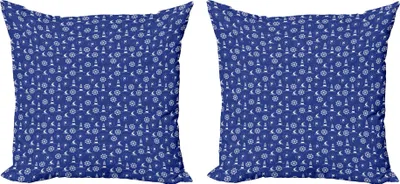 Obrázok produktu pre ABAKUHAUS Súprava obliečok na vankúš Maják (2ks), námorné siluety kompas lode a kormidlo námorné usporiadanie, 40 x 40 cm, fialová modrá biela