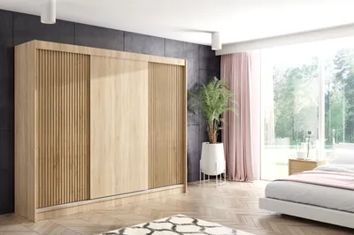 Produktbild von ALTDECOR Kleiderschrank mit Lamel-Schiebetüren, kugelgelagerte Führungsschienen und Aluminium-Leisten, LED-Beleuchtung und Fernbedienung - VILO - 250 cm - Sonoma Eiche/Sonoma Eiche/Lamelle Eiche Wotan