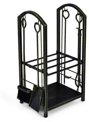 Productafbeelding van COSTWAY Kachelaccessoire set, 5-delig, met metalen houtrek, houtrek met 2 plateaus, borstel, tang, schep, kolenhaak, geschikt voor binnen- en buitengebruik
