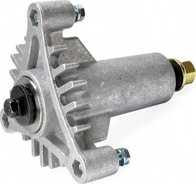 A close-up studio shot of a lawnmower spindle assembly.