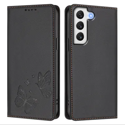 Image de Étui en cuir pour Samsung Galaxy S21 FE 5G, motif papillon, étui portefeuille à rabat avec support, noir