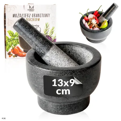 Zdjęcie produktu dla SUPERBUTELKI - Moździerz kuchenny, granitowy 13x9cm do ucierania przypraw, soli, pieprzu, pesto, Obraz wygenerowany przez AI