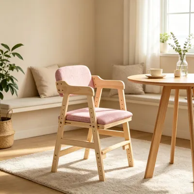Produktbild von 1x Leinen Esszimmerstuhl mit Armlehnen,Verstellbarer Ergonomischer Stuhl 35-51cm,Bürostuhl Holzhochstuhl Lehrstuhl für Esszimmer Arbeitszimmer & Büro