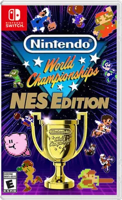 The image is a marketing graphic for the Nintendo World Championships NES Edition game, featuring pixelated characters from various Nintendo games surrounding a golden trophy.