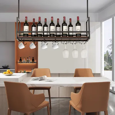 Zdjęcie produktu dla Stojak na wino z uchwytem na kieliszki 'Borejle' 100 x 30 x 65 cm metalowa rama czarny / orzechowy wygląd