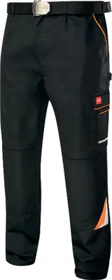A pair of black work pants with orange accents.