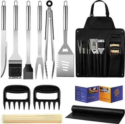Produktbild von BBQ Grillbesteck Set 11 Grillzubeh?r aus Hochwertiger Edelstahl Grillzange Grillspachtel Korkenzieher Grillset mit Grillmatte fš¹r M?nner Geschenk fš¹r Garten Camping Silber