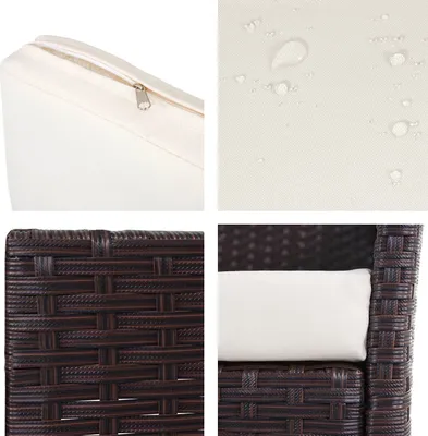 A collage of four close-up images showing details of a poly-rattan garden bench.