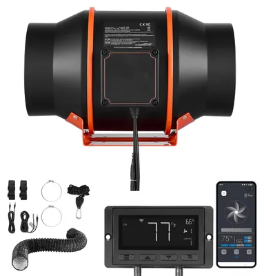 Image de Ventilateur de conduit SucceBuy 152,4 mm avec filtre à charbon actif, débit d'air de 683 m³/h, ventilateur en ligne avecPWM et via application, ventilateur de conduit à 10 vitesses, minuterie de 9 heures et moteur EC, adapté aux serres, caves et systèmes d'évacuation de fumée