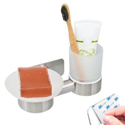 Produktbild von bremermann Bad-Serie PIAZZA TAPE - Zahnputzbecher und Seifenschale ohne Bohren - mit Klebepad, aus Glas und Edelstahl