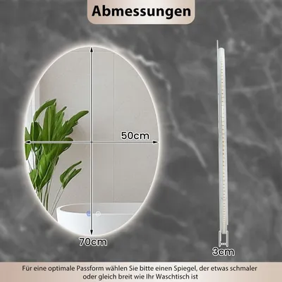 Zdjęcie produktu dla Owalne lustro łazienkowe 70 x 50 cm, LED, z funkcją przeciwmgielną, z regulacją jasności