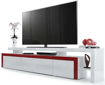 Produktbild von Vladon TV Board Lowboard Leon V3,  Germany, Korpus und Überbau in Weiß Hochglanz / Front in Weiß Hochglanz mit Rahmen in Bordeaux Hochglanz (227 x 52 x 35 cm)