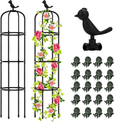 Produktbild von Klimhilfe Obelisk 2 Stück 145 cm Kunststoff abnehmbare Rosen mit Vögel Dekoration und 20 Pflanzklemmen - für Blumen und Tomaten