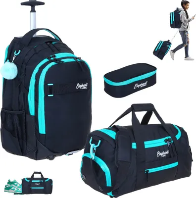 Produktbild von Schultrolley 3 Teile Set Elephant Hero Signature Trolley Rucksack Trolly Sporttasche Mäppchen Box Mädchen Premium mit Rollen Räder 13016 Tiff Türkis Black tsm