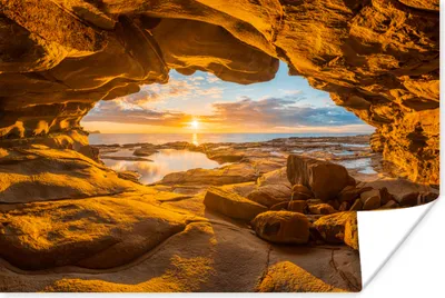 Produktbild von MuchoWow® Poster Höhle - Meer - Horizont - Sonnenuntergang 180x120 cm - Fotoplakat