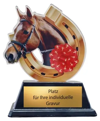 Produktbild von 10 cm Reitsport Pokal Trophäe mit Pferdekopf & Hufeisen, Acryl Award