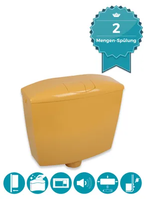 Produktbild von Calmwaters® Spülkasten Curry mit Spül-Stopp-Funktion, 6-9 Liter Spülmenge, Aufputzspülkasten WC schmal, flacher Spülkasten Elements, Aufputz-Montage, Start-Stopp-Taste, Curry-Gelb, 29HB2729