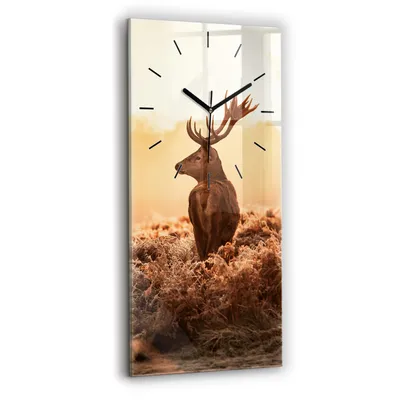 Produktbild von Wallfluent Wanduhr – Stilles Quarzuhrwerk - Uhr Dekoration Wohnzimmer Schlafzimmer Küche - Zifferblatt mit Strichen - schwarze Zeiger - 30x60 cm - Hirsch bei Sonnenaufgang