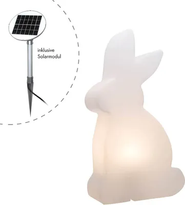 A white rabbit-shaped solar-powered garden light with a separate solar module shown in the upper left corner.