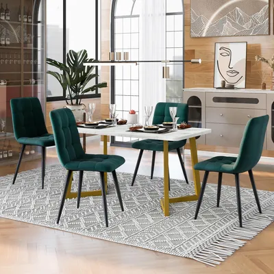 Obrázok produktu pre Fortuna Lai 117 cm jedálenský stôl so 4 stoličkami, obdĺžnikový jedálenský stôl Moderná kuchynská súprava, jedálenská stolička tmavozelená zamatová kuchynská stolička, zlaté nohy stola
