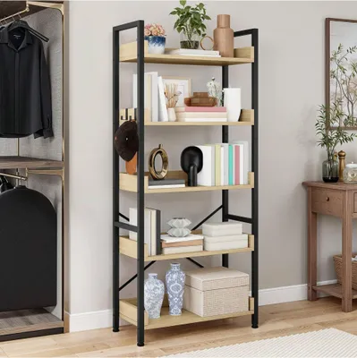 Produktbild von YITAHOME Bücherregal mit 5 Ebenen, Standregal mit 4 Haken, Freistehend, Lagerregal für Wohnzimmer, 64x30x154 cm