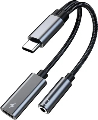 USB-C-auf-3,5-mm-Kopfhörer- und Ladeadapter, 2-in-1-USB-C-PD-3.0-Ladeanschluss mit Aux-Audiobuchse und Schnellladekabel,grey