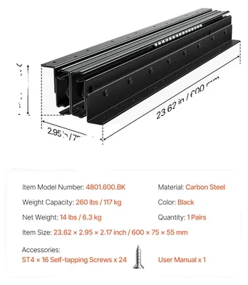 Immagine prodotto di Guide per cassetti, sistema di estrazione completa, capacità di carico di 260 lbs, 24inch