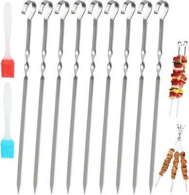 Immagine prodotto di 30 spiedini da barbecue in acciaio inossidabile con spazzole in silicone | Spiedini da 30 cm per il campeggio e il barbecue
