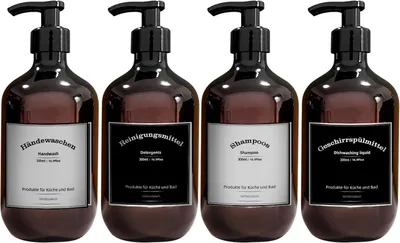 Zdjęcie produktu dla Zestaw dozowników do mydła, 4 sztuki, pojemność 300 ml, z etykietami, do łazienki i kuchni