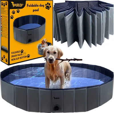 Zdjęcie produktu dla Basen dla psa 160x30 cm/ 120x30cm PVC + ABS Składana powłoka antypoślizgowa Zawór spustowy niebiesko-szary 23831, rozmiar:160/ 30 cm