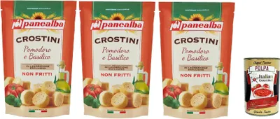 Produktbild von Panealba Crostini Pomodoro e Basilico Croutons mit Tomate und Basilikum Gesalzener Snack Nicht Gebraten Nicht Frittiertes 3x 100g + Italian Gourmet polpa 400g