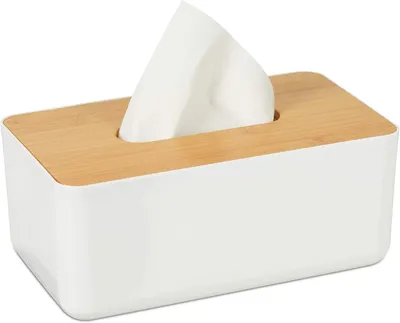 Productafbeelding van Tissue box met deksel van bamboe - Voor badkamer - Modern design - Kunststof - HxBxD: ca. 10x23x13 cm - Wit - Naturel