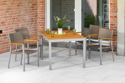 Obrázek produktu pro Merxx "Silano" 5dílná sada zahradního nábytku se stolem 150 x 90 cm - stříbrný hliníkový rám s šedobéžovým plastovým proutím a akátovým dřevem