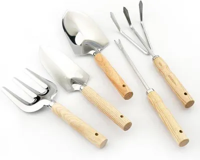 Produktbild von Gartenwerkzeugset, hochwertige 5-teilige, robuste Gartenwerkzeugset, mit Schaufel, Hebel, Pflanzstift, großem Schubkarren und 5-Klauen-Cultivator, aus Edelstahl mit Antislip-Holzgriffen
