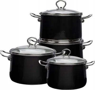 Produktbild von Emaille-Topfset 4-teilig mit Glasdeckeln, 2,1–5,5 l, schwarz, induktionsgeeignet