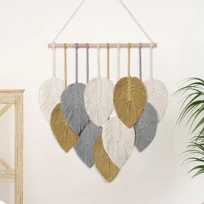 Obrázek produktu pro Ibenzoa® Boho Macramé, nástěnná dekorace, 40 x 50 cm – ručně tkané bavlněné šňůry s zelenými listy, dekorace do obývacího pokoje, ložnice a dětského pokoje