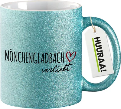 Produktbild von Huuraa Glitzertasse Mönchengladbach verliebt 330ml Blau Keramik Kaffeebecher Geschenkidee