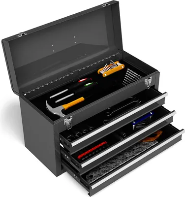 A dark gray metal toolbox with its lid open, revealing three drawers and various tools inside.