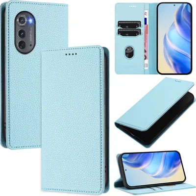 Produktbild von Litchi Leder Handyhülle für Motorola Edge 2022 Wallet Kartenfächer Standfunktion Hülle Hellblau