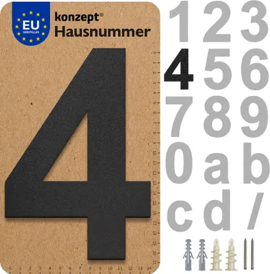 Produktbild von KONZEPT Hausnummer in Schwarz, Nummer 4, für Tür, Briefkasten, Gebäude, Zimmer, aus massiven Stahl mit witterungsbeständiger Pulverbeschichtung