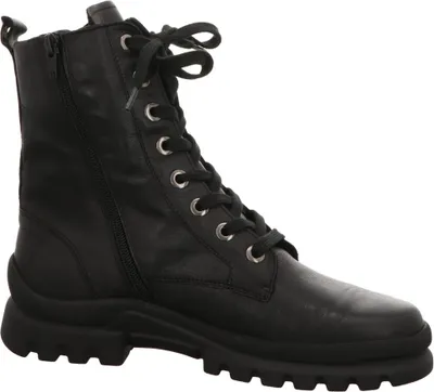 A black lace-up boot is shown against a white background.