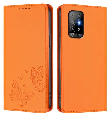 Image de Étui en cuir pour Oppo A94 5G, motif papillon, étui portefeuille à rabat avec support, orange
