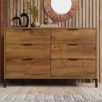Immagine prodotto di Cassettiera MODFU, credenza con 6 cassetti, armadio decorativo per camere da letto e tutti i soggiorni, rovere scuro