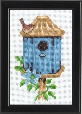 Immagine prodotto di Set per punto croce Permin "Birdhouse blue", schema per il conteggio, 9x14cm, 13-9422