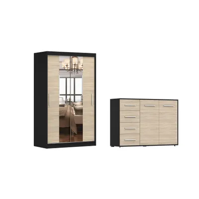 Produktbild von 2er-Set Schwebetürenschrank Schrank Kleiderschrank mit Spiegel Schwarz/Sonoma 120cm NEOMI 01 mit Kommode 135cm FRIDA 01
