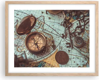 Produktbild von Gerahmtes Poster - Rahmen in heller Eiche - Kompass Vintage Karte - 50x40 cm - Wand Bild - Wanddeko - Wandbilder - Wandposter - Bilderrahmen - Bilder - Kunstdruck - Wandbild - P2NAA50x40-4302