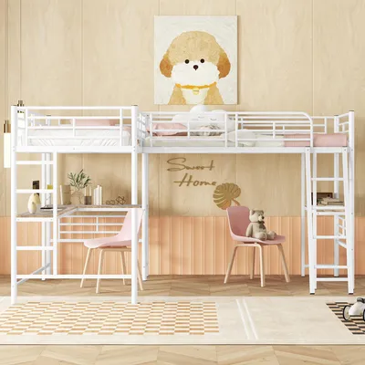 Produktbild von okwish Hochbett 90*200cm, zwei Etagenbetten mit Tisch unter dem Bett, Doppeltreppe, hohes Geländer, ohne Matratze- Weiß